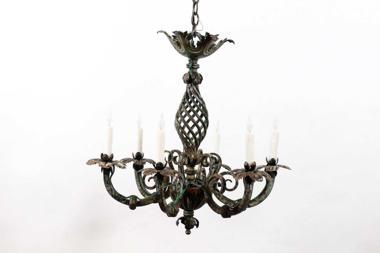 Green painted iron chandelier with scroll detail and six (6) lights, France, circa 1890.