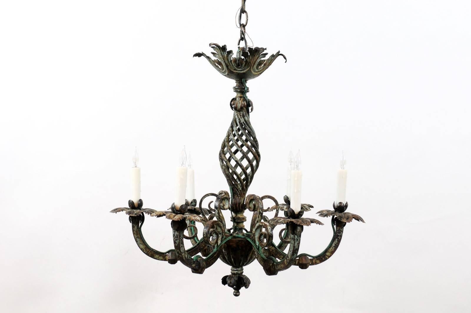 French Iron Painted Chandelier with Scroll Detail and Six Lights, circa 1890 In Good Condition In Atlanta, GA