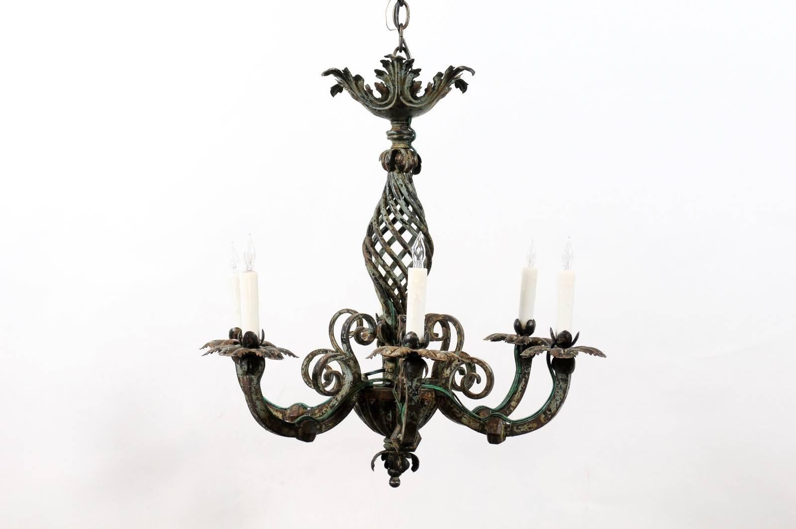 Late 19th Century French Iron Painted Chandelier with Scroll Detail and Six Lights, circa 1890