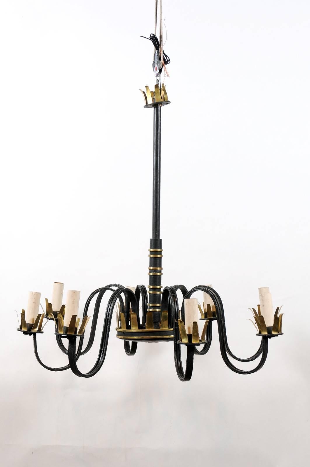 Art Deco Iron and Gilt Chandelier in Style of Gilbert Poillerat, 20th Century