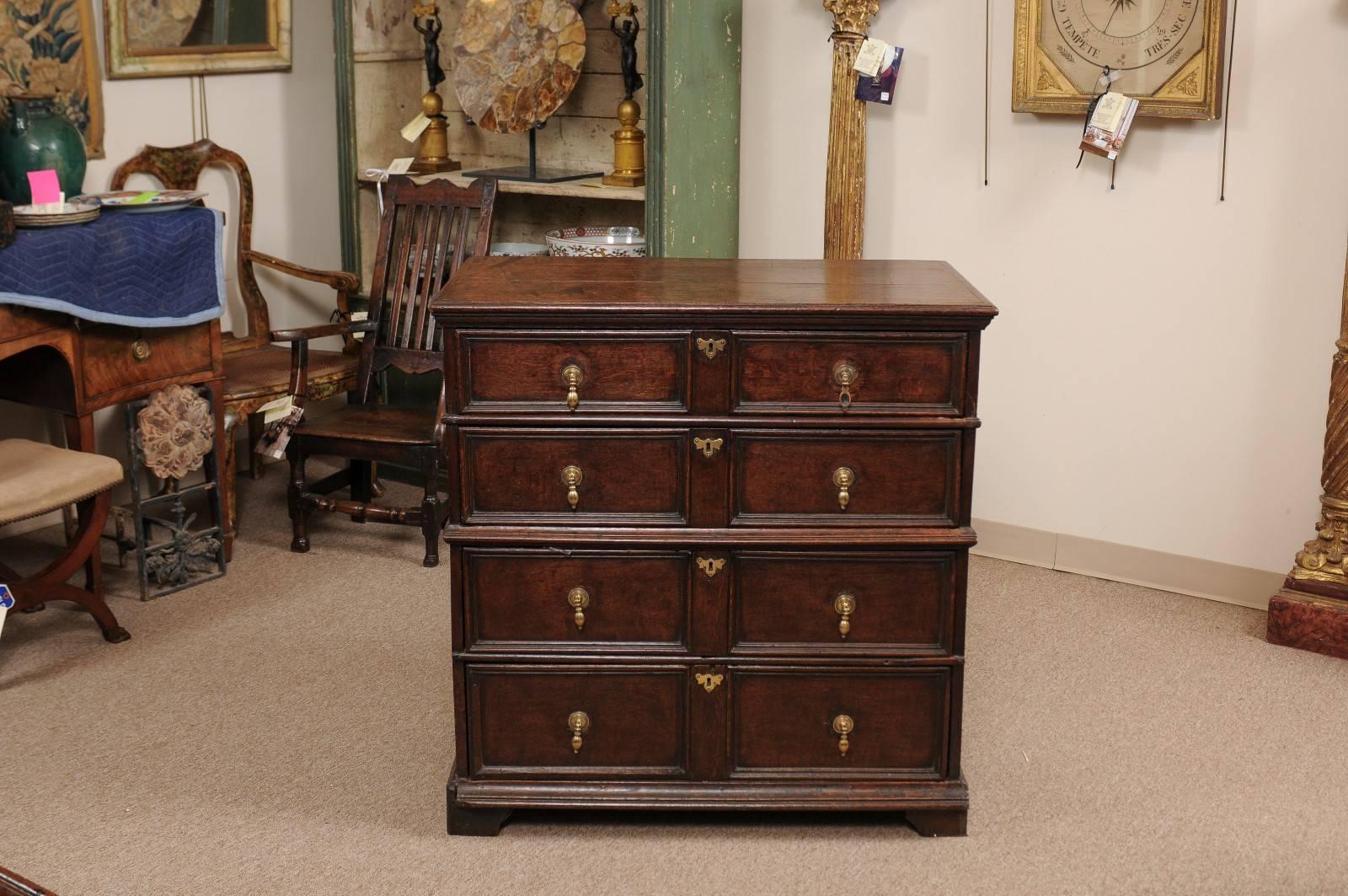 Hand-Carved 18th Century English Oak Jacobean Style Chest with Four Drawers and Brass Pulls