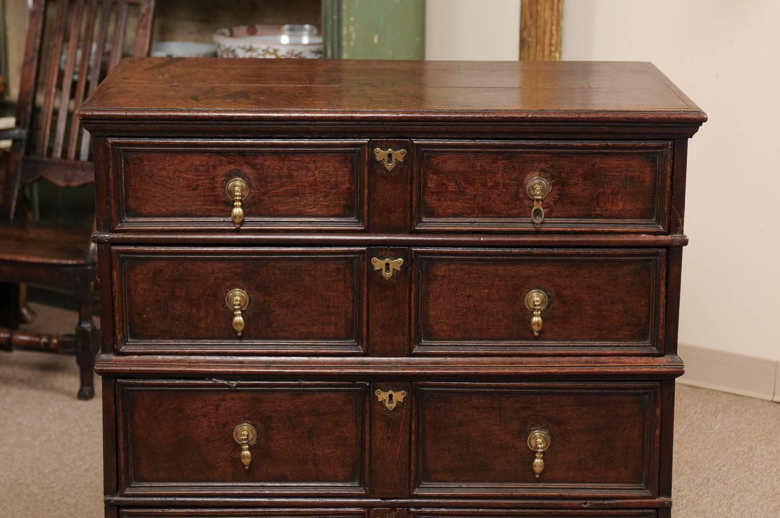 18th Century English Oak Jacobean Style Chest with Four Drawers and Brass Pulls In Good Condition In Atlanta, GA