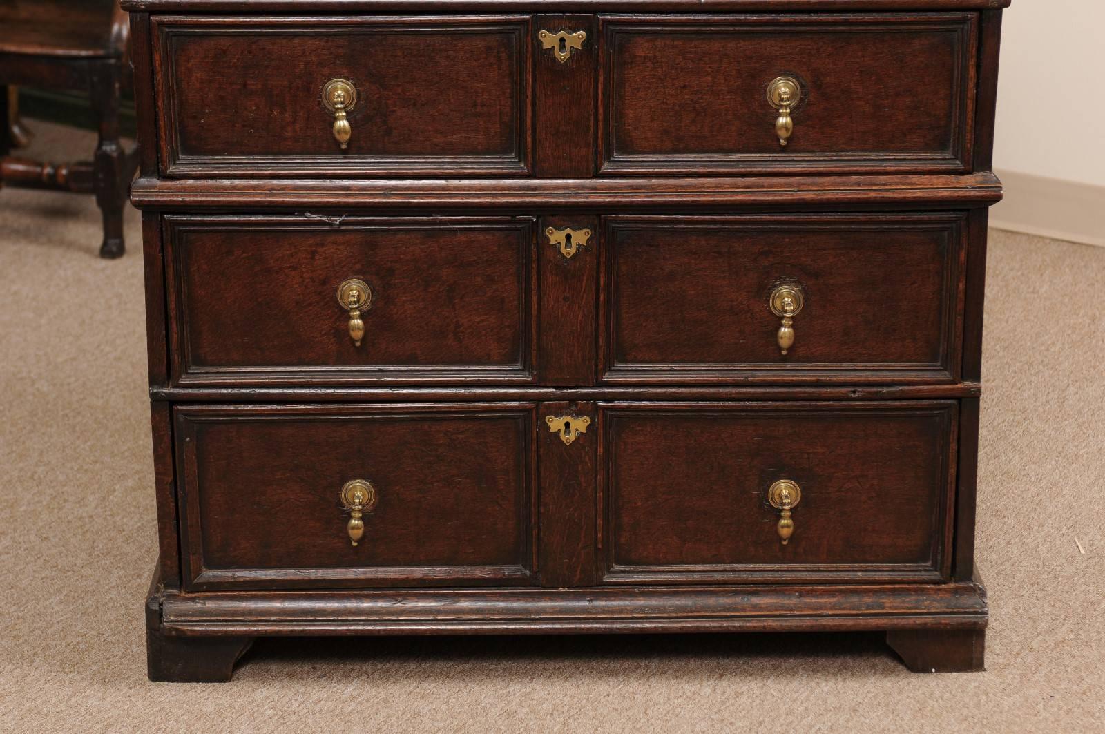 18th Century and Earlier 18th Century English Oak Jacobean Style Chest with Four Drawers and Brass Pulls
