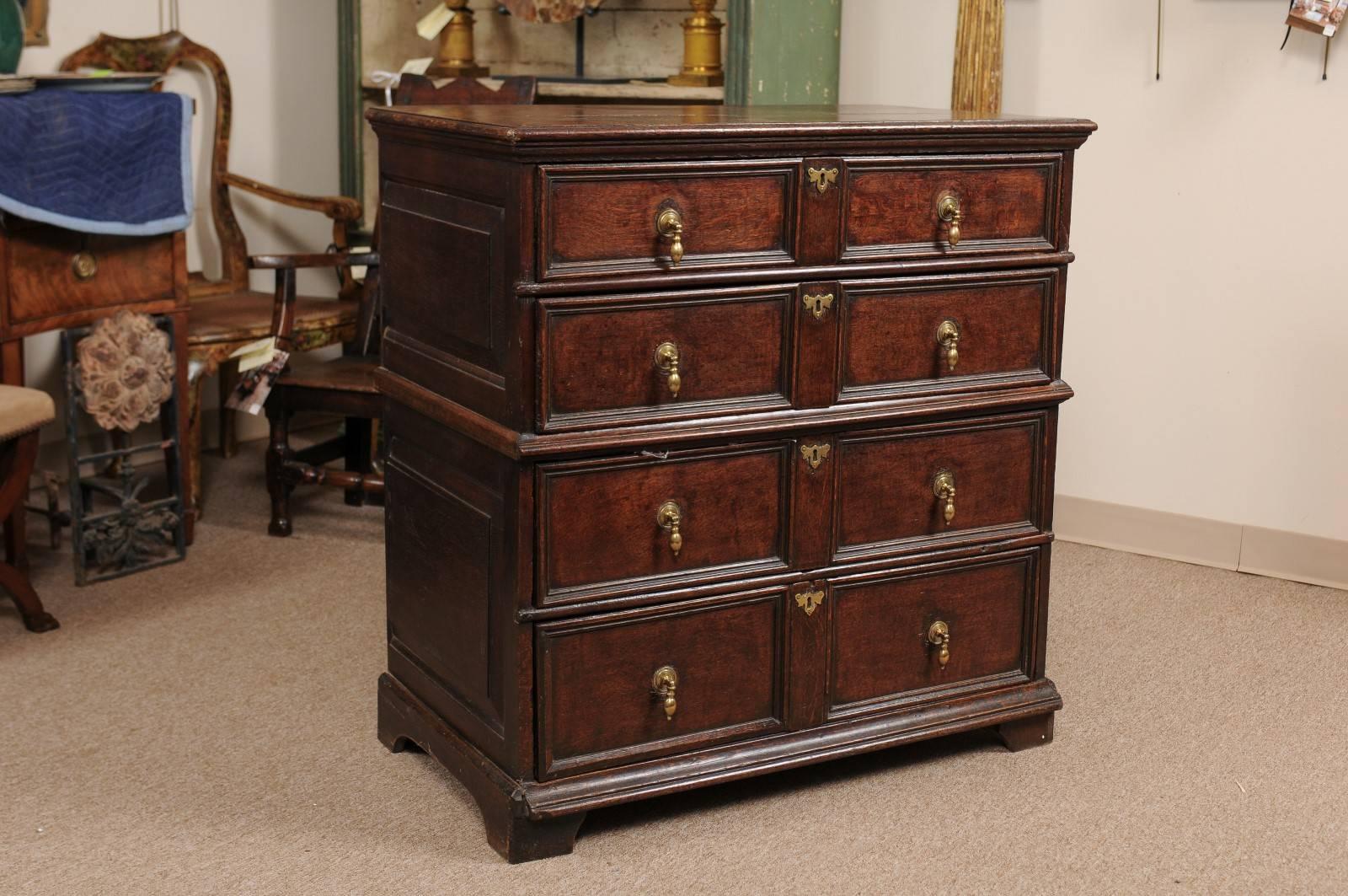 18th Century English Oak Jacobean Style Chest with Four Drawers and Brass Pulls 1