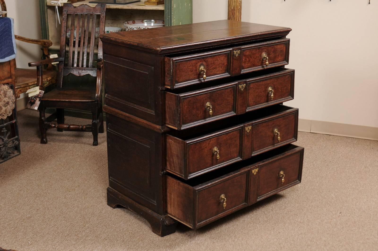 18th Century English Oak Jacobean Style Chest with Four Drawers and Brass Pulls 2