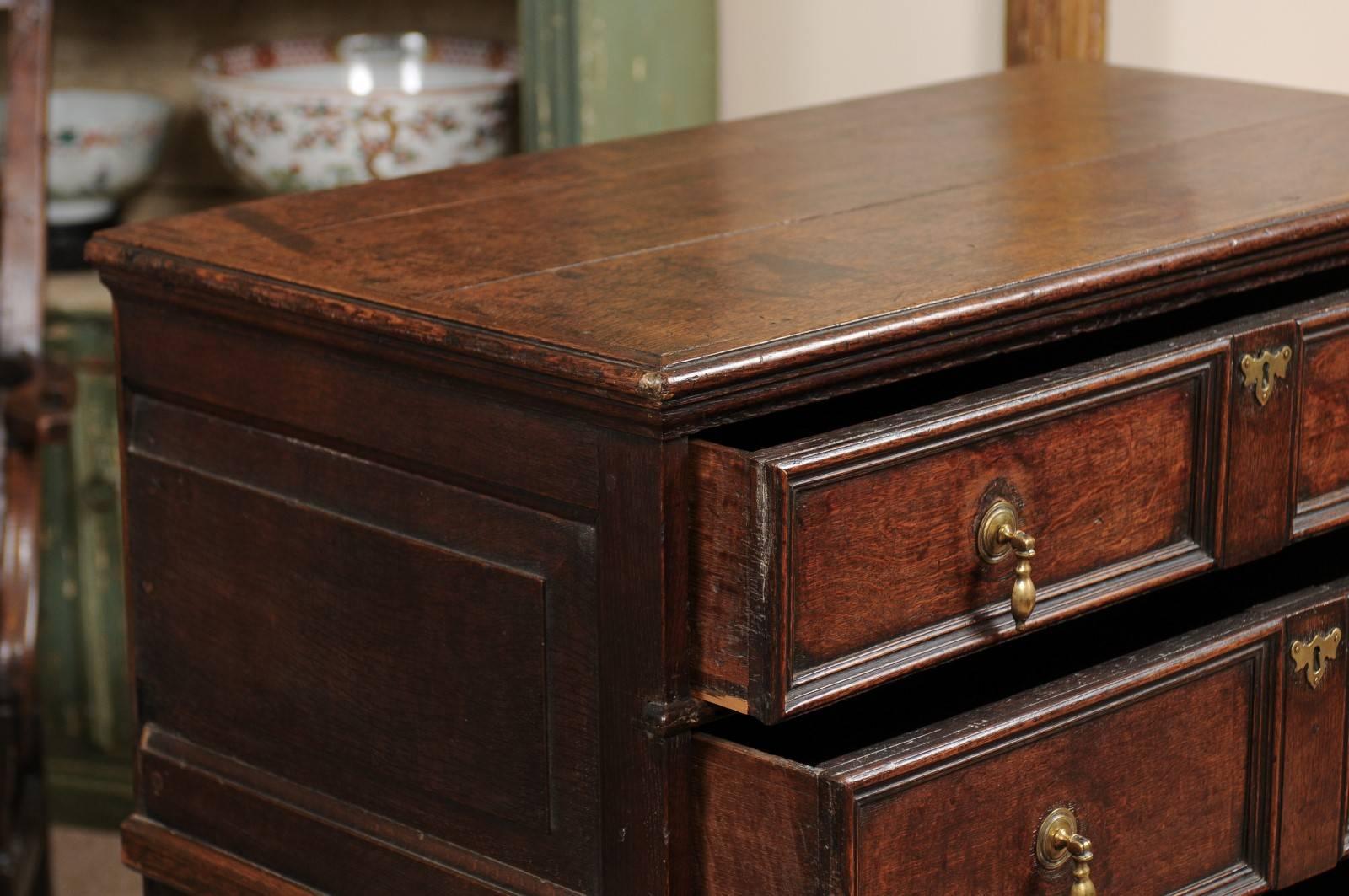 18th Century English Oak Jacobean Style Chest with Four Drawers and Brass Pulls 3