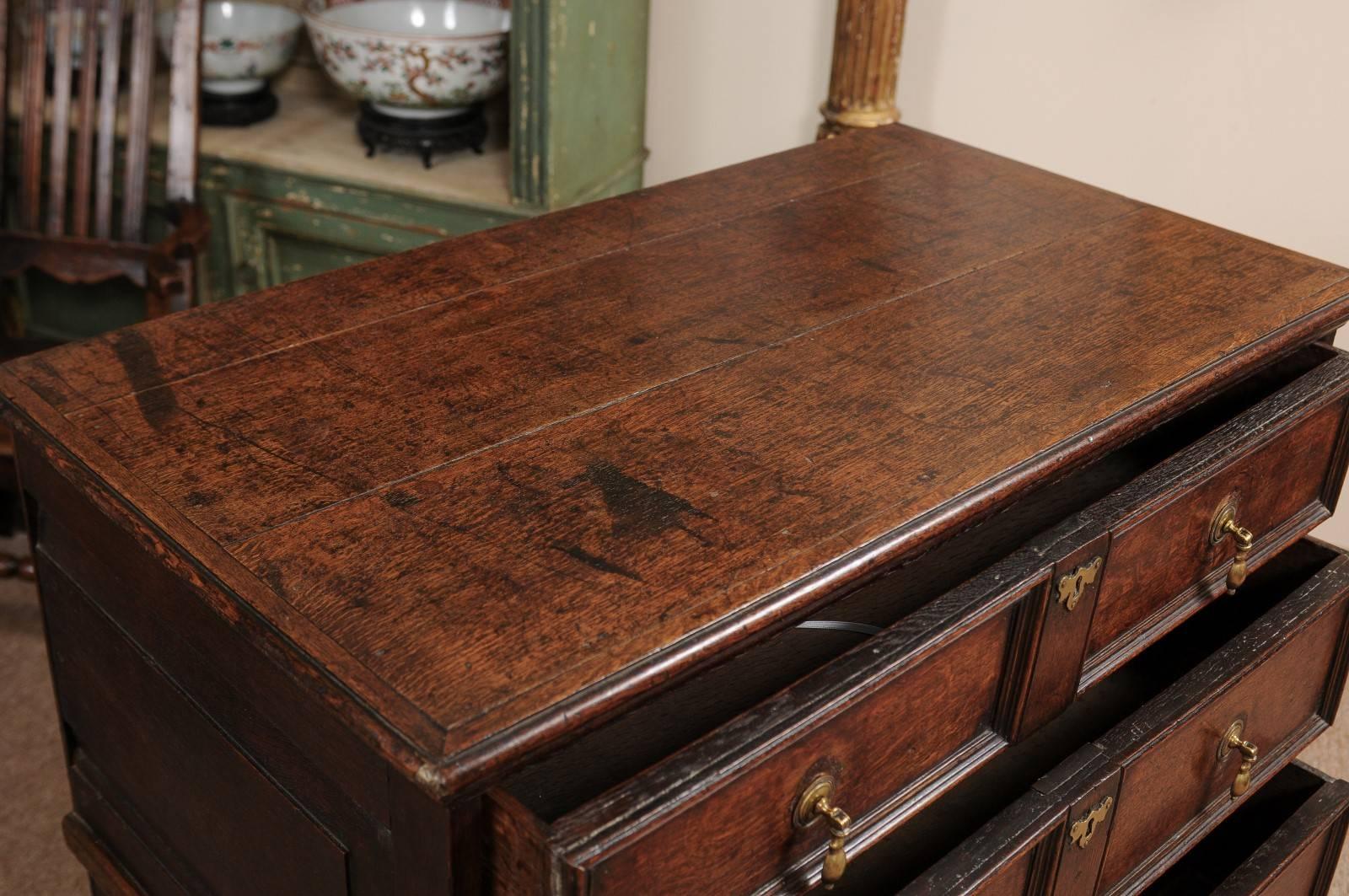 18th Century English Oak Jacobean Style Chest with Four Drawers and Brass Pulls 4