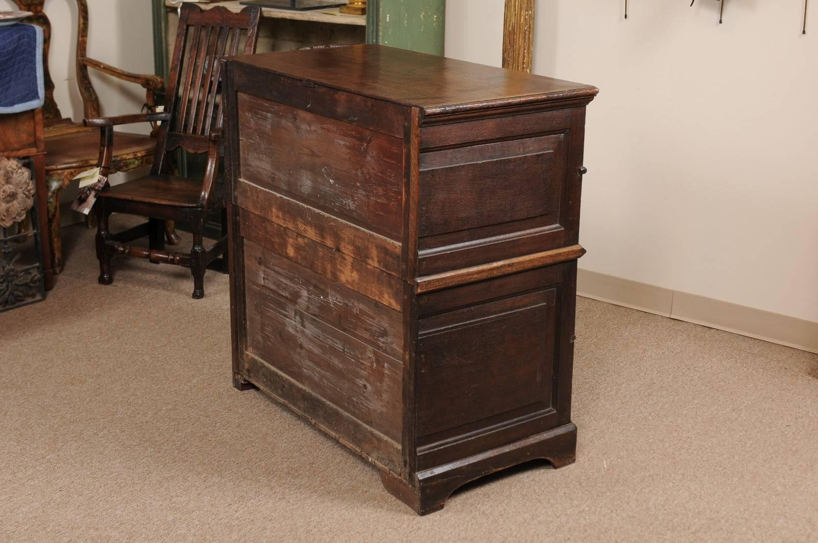 18th Century English Oak Jacobean Style Chest with Four Drawers and Brass Pulls 5