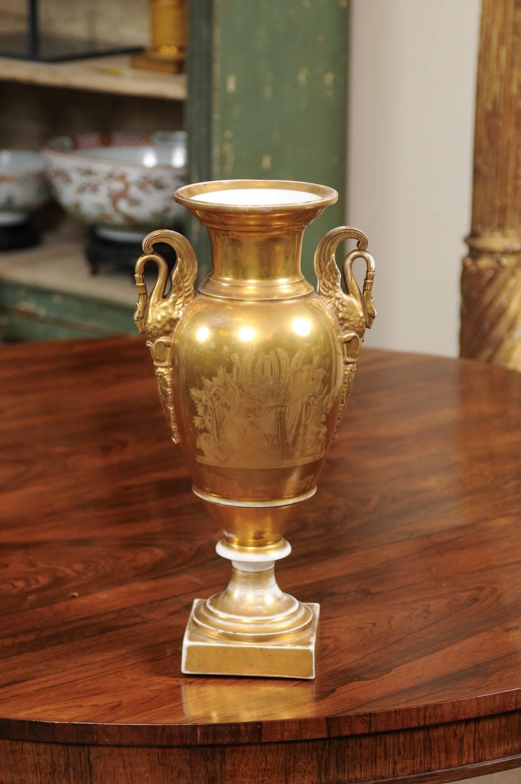 19th Century Paris Urn with Swan Handles & Painted Landscape Scene, France, ca. 1830-48 For Sale
