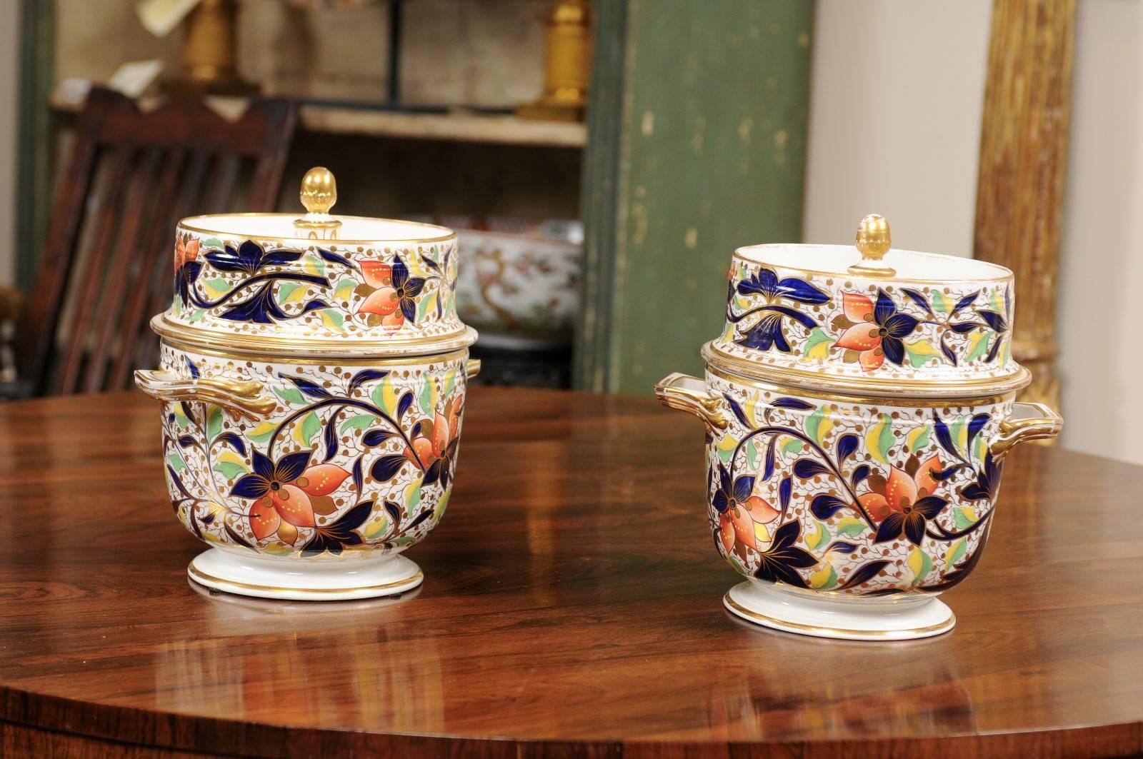 Pair of 19th century English Derby Fruit Coolers with Lids & Liners, ca. 1815.
   