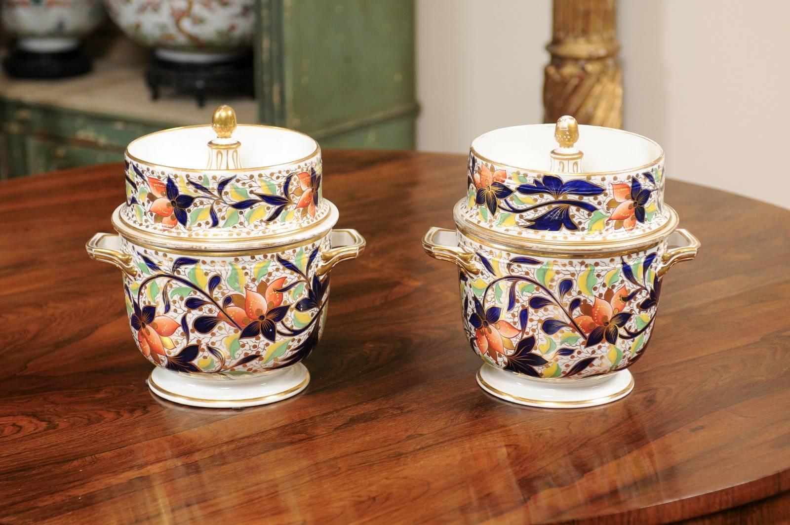 Porcelain Pair of 19th Century English Derby Fruit Coolers with Lids & Liners, ca. 1815 For Sale
