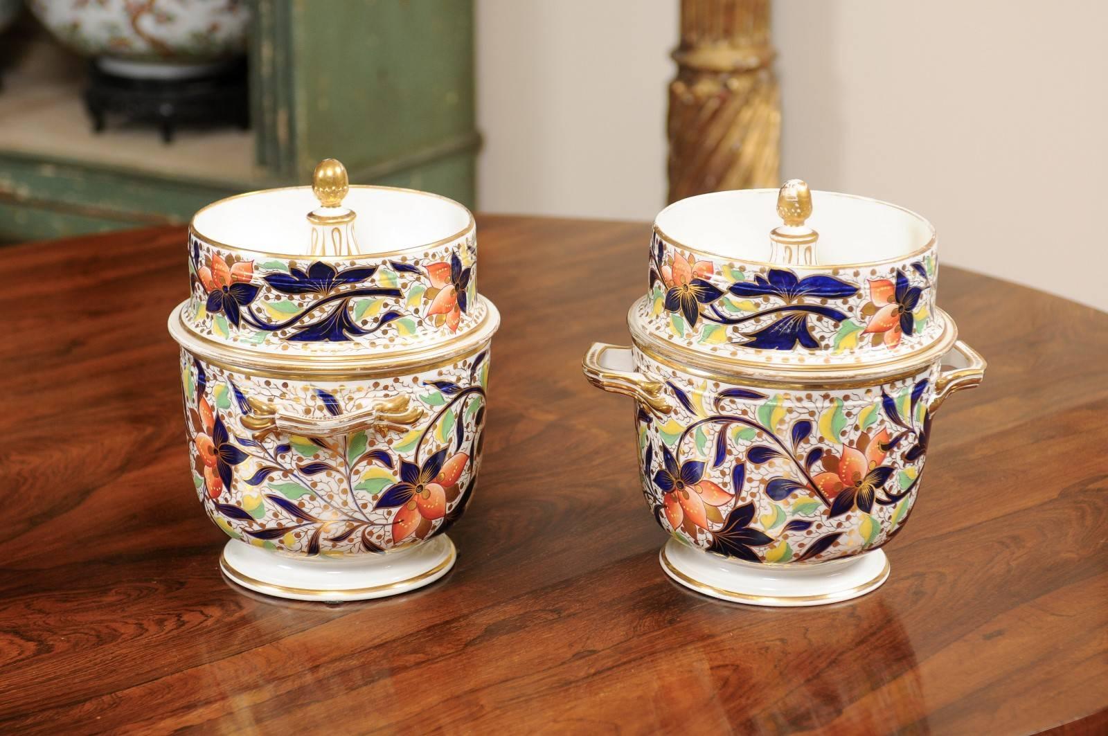 Pair of 19th Century English Derby Fruit Coolers with Lids & Liners, ca. 1815 For Sale 1