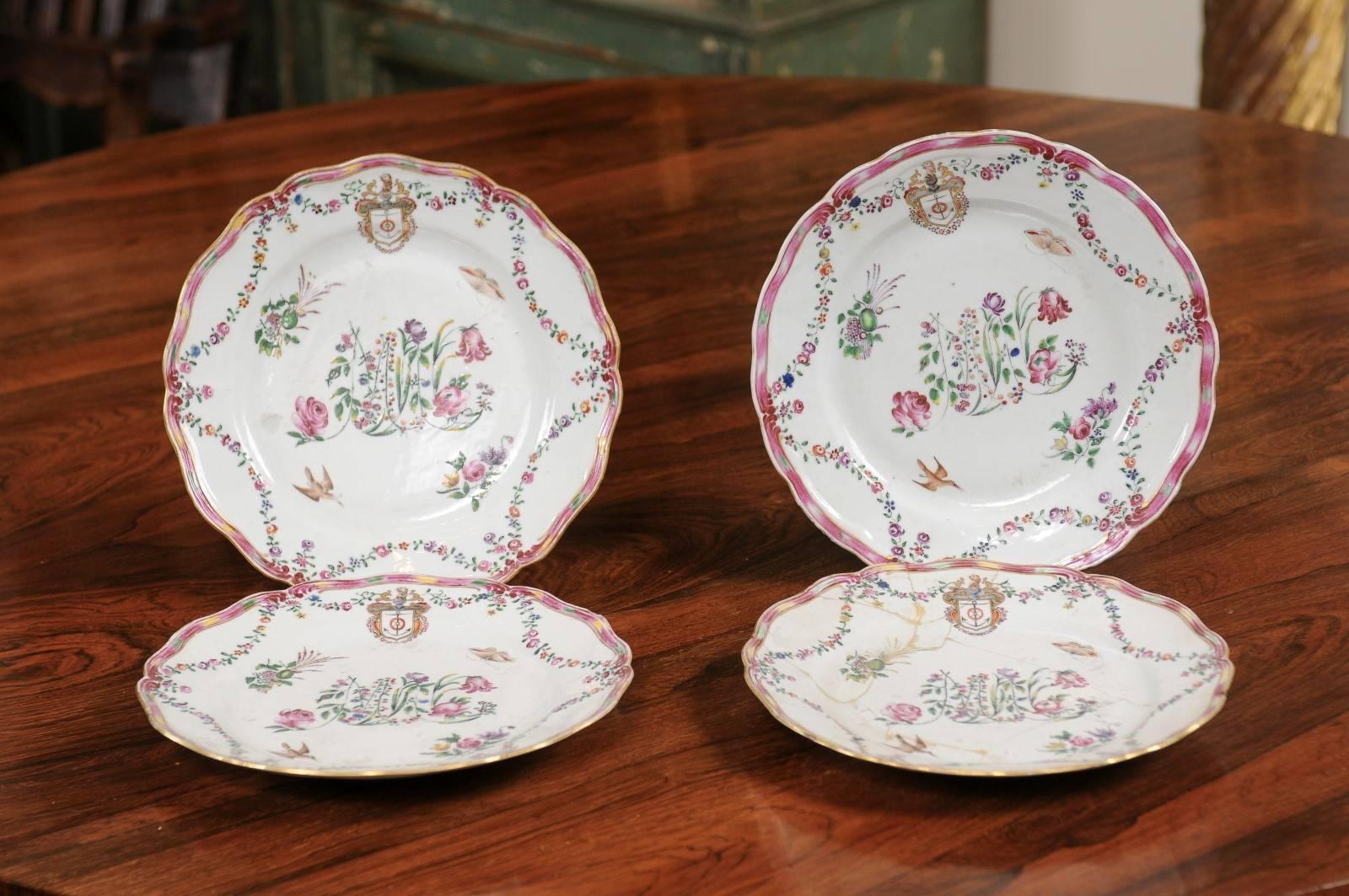 Set of 4 Chinese Export Porcelain Plates with Floral Decoration & Armorial Crest, ca. 1760