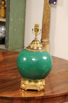 Vintage French Green Porcelain Vase with Bronze Dore Mounts, Wired as a Lamp