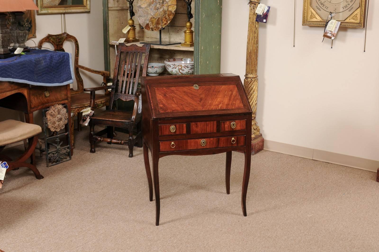 French Petite Slant-Front Bureau in Kingwood with Fitted Interior & Leather Blotter For Sale