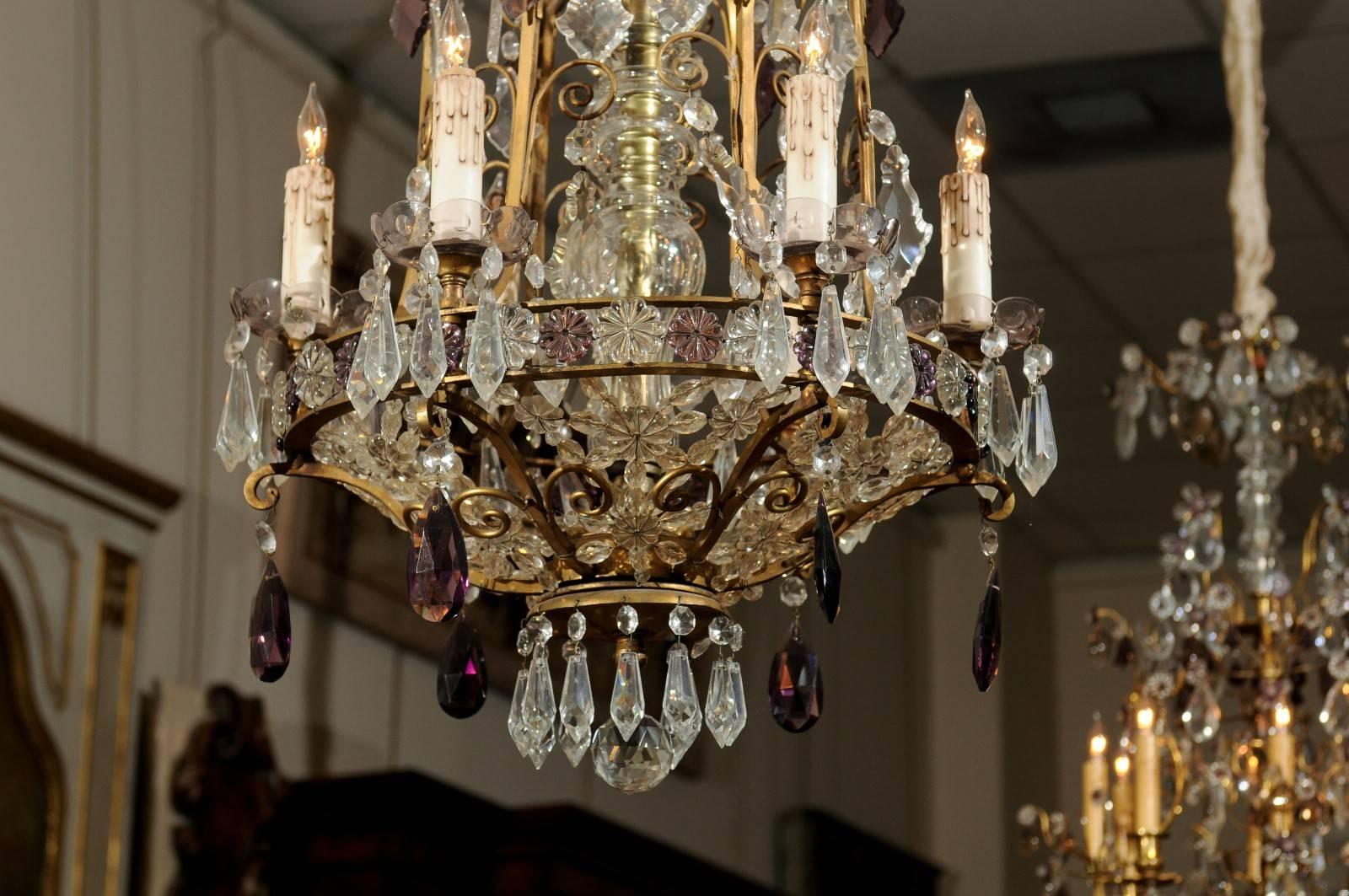 Bronze Frame Chandelier with Clear and Amethyst Colored Prisms, circa 1890-1920 In Good Condition For Sale In Atlanta, GA
