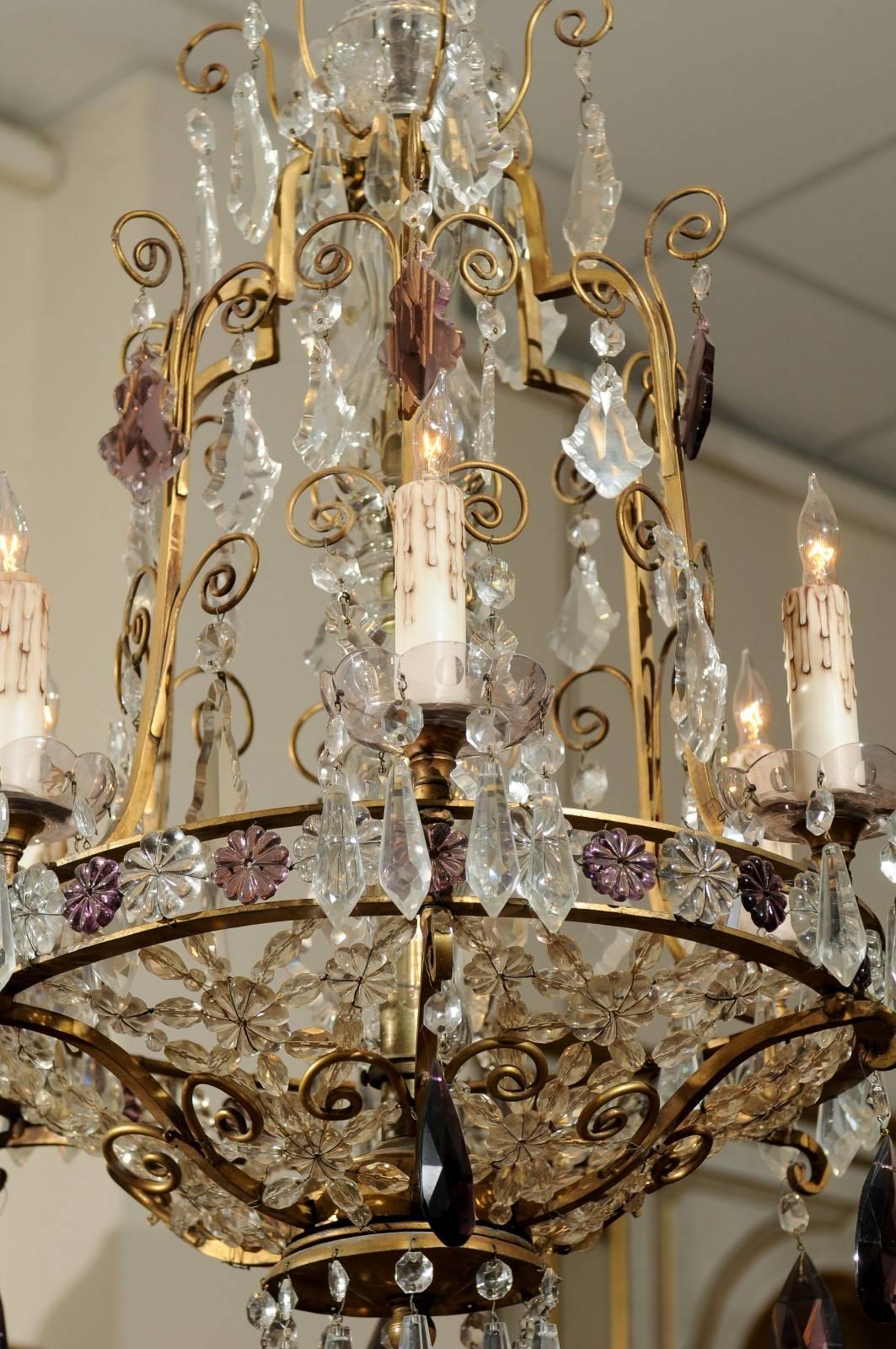 19th Century Bronze Frame Chandelier with Clear and Amethyst Colored Prisms, circa 1890-1920 For Sale