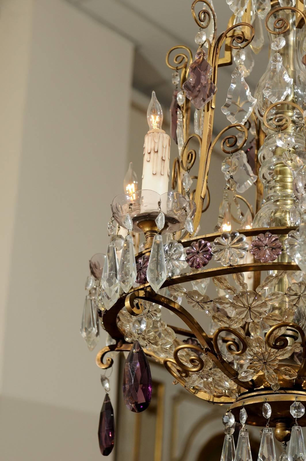 Bronze Frame Chandelier with Clear and Amethyst Colored Prisms, circa 1890-1920 For Sale 1