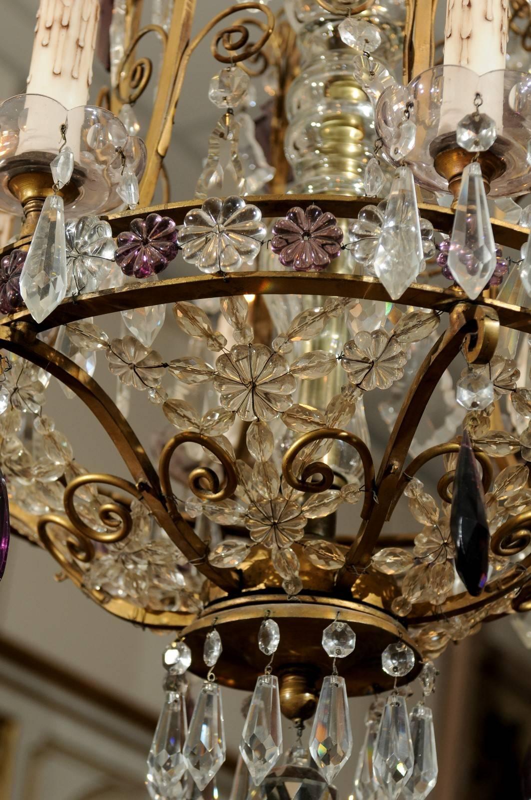 Bronze Frame Chandelier with Clear and Amethyst Colored Prisms, circa 1890-1920 For Sale 2