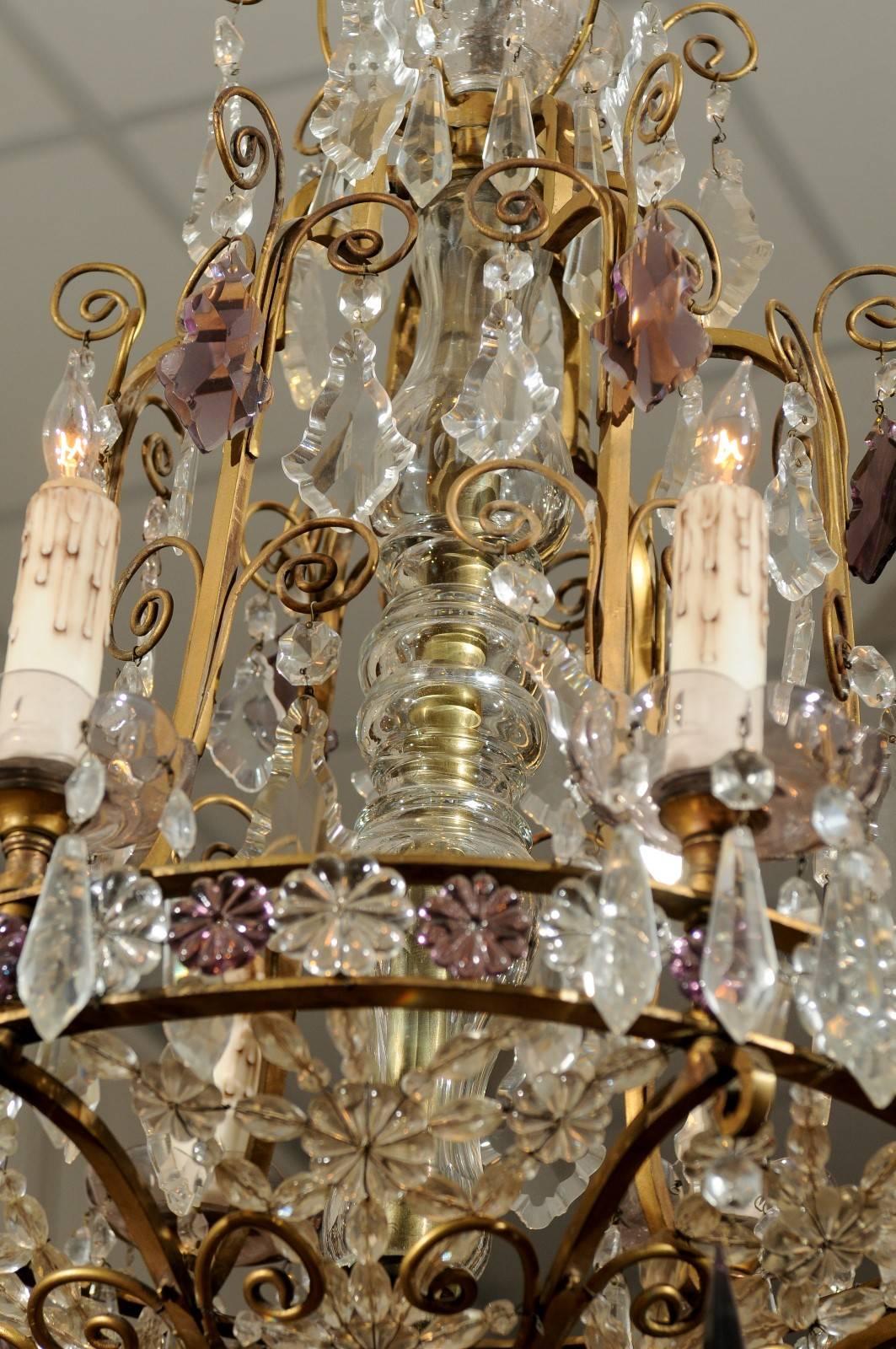 Bronze Frame Chandelier with Clear and Amethyst Colored Prisms, circa 1890-1920 For Sale 3