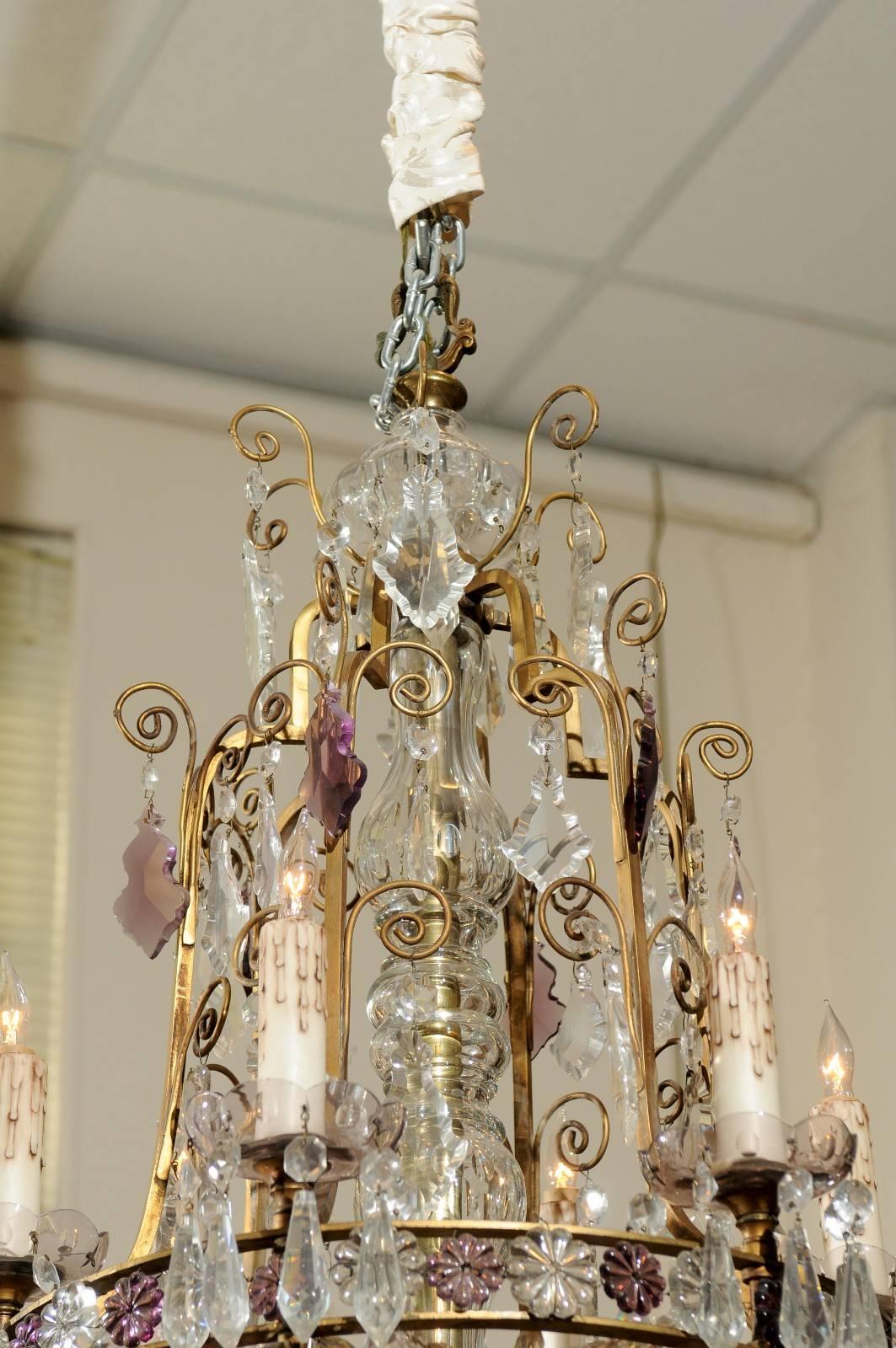Bronze Frame Chandelier with Clear and Amethyst Colored Prisms, circa 1890-1920 For Sale 4