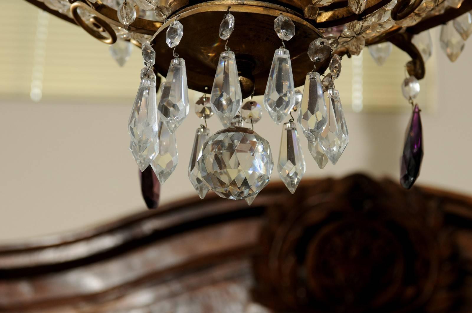 Bronze Frame Chandelier with Clear and Amethyst Colored Prisms, circa 1890-1920 For Sale 5