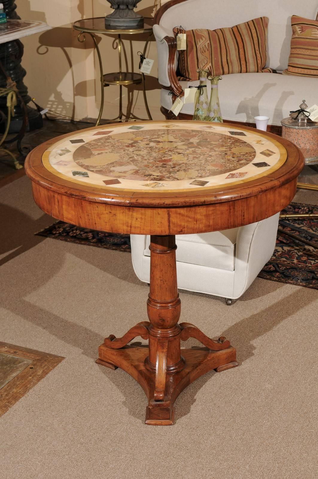 French Italian Walnut Gueridon with Inset Specimen Marble Top, 19th Century and Later