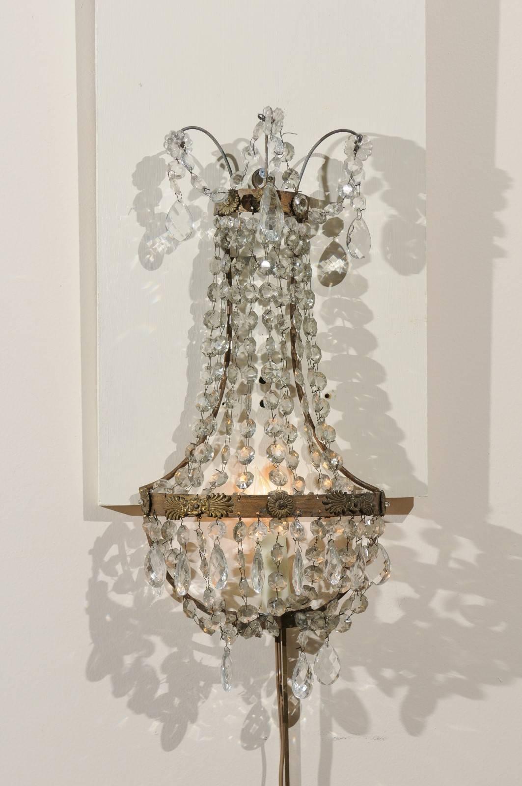 Pair of 20th century Italian crystal beaded basket sconces with one (1) light.