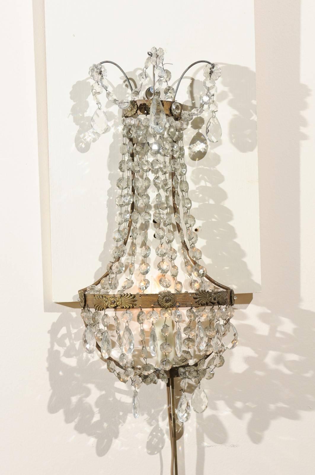 Italian Pair of Crystal Basket Sconces with One-Light, 20th Century, Italy
