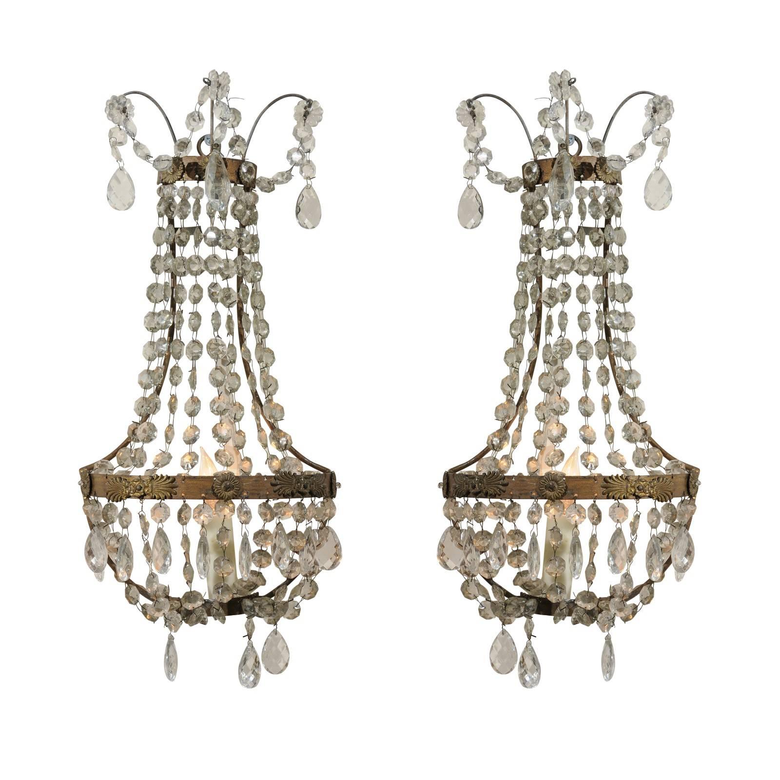 Pair of Crystal Basket Sconces with One-Light, 20th Century, Italy