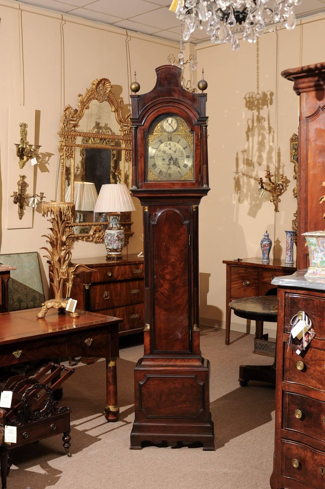 European 18th Century Mahogany Tallcase Clock with Bonnet Top and Brass Face