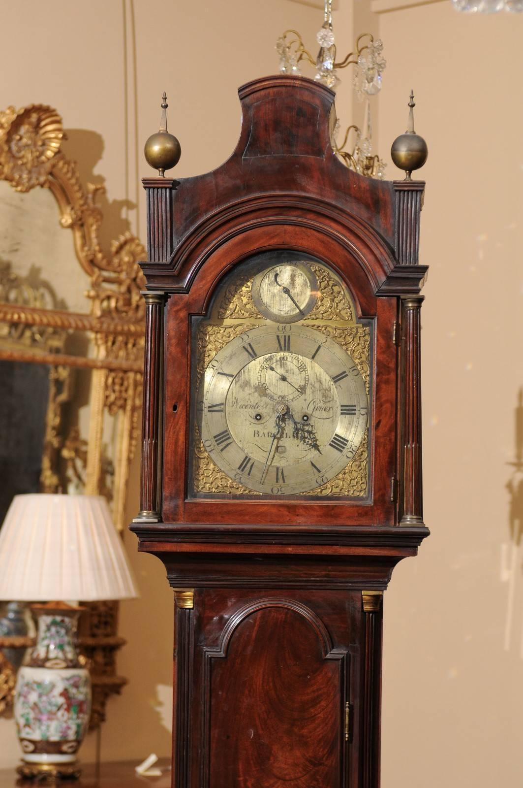 18th Century Mahogany Tallcase Clock with Bonnet Top and Brass Face In Good Condition In Atlanta, GA