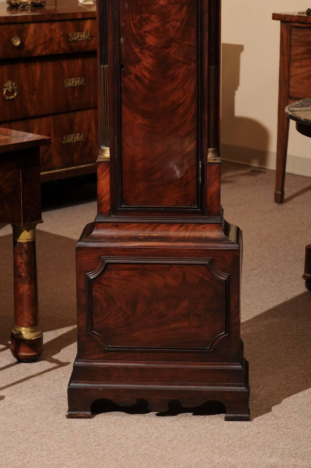 18th Century and Earlier 18th Century Mahogany Tallcase Clock with Bonnet Top and Brass Face
