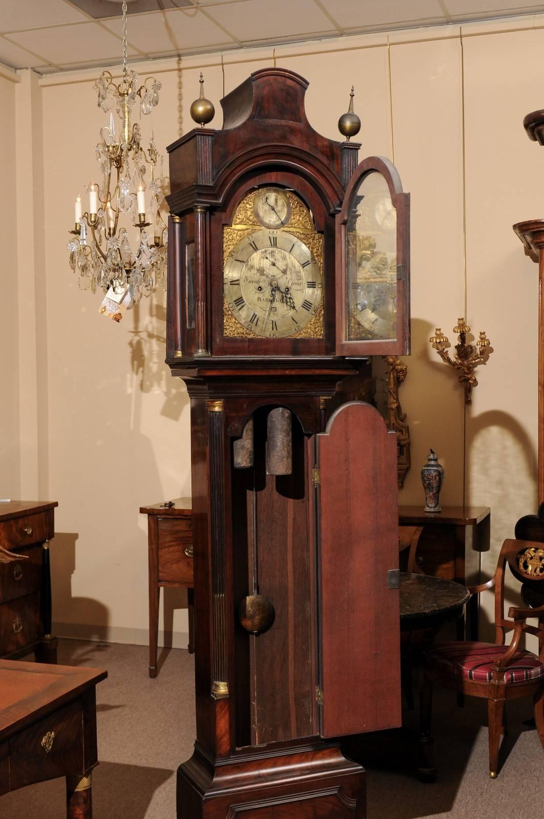 18th Century Mahogany Tallcase Clock with Bonnet Top and Brass Face 1