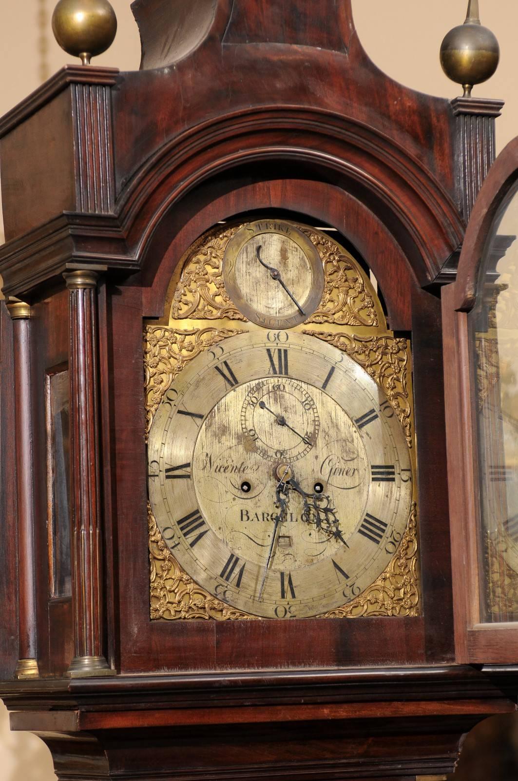 18th Century Mahogany Tallcase Clock with Bonnet Top and Brass Face 2