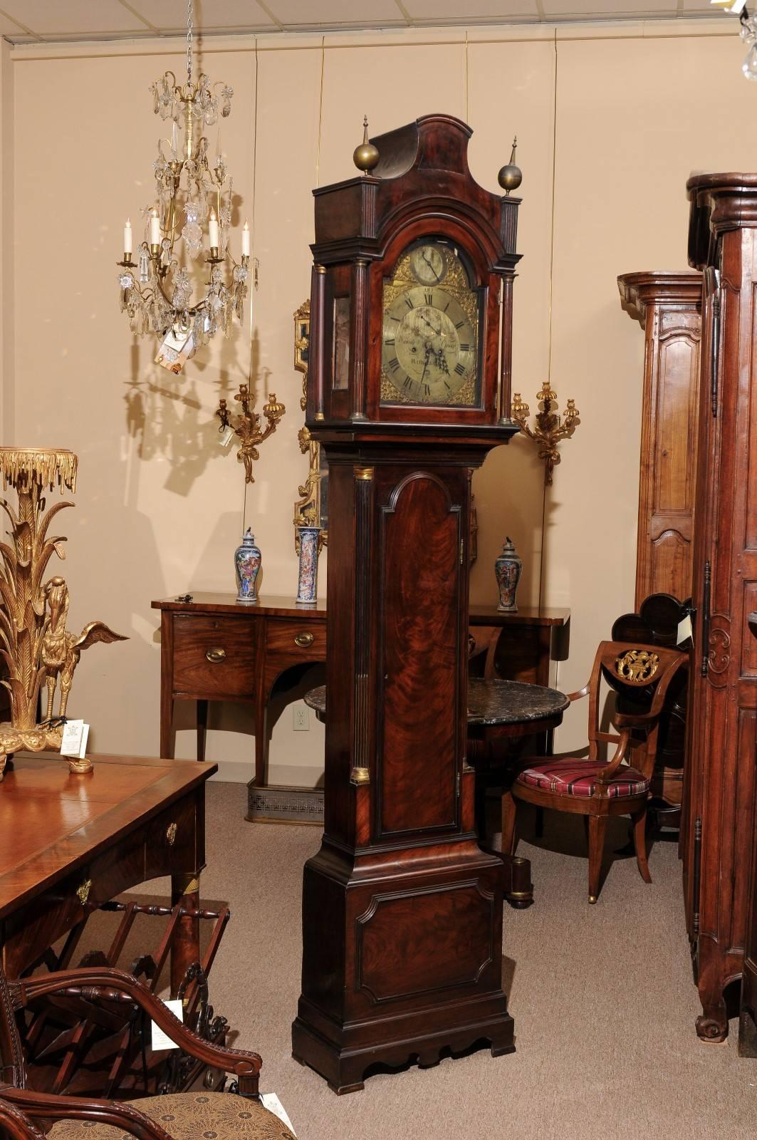 18th Century Mahogany Tallcase Clock with Bonnet Top and Brass Face 3