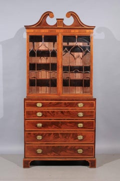 George III Secretary Bookcase in Mahogany & Satinwood with Swan Neck Pediment