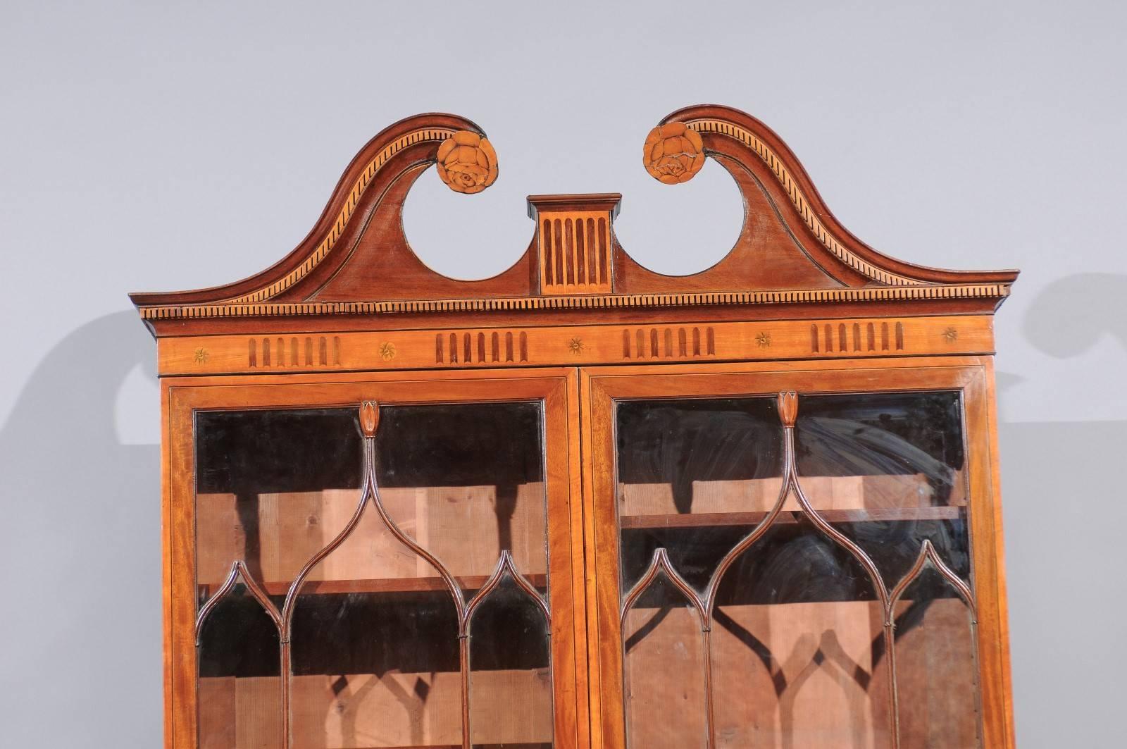 English George III Secretary Bookcase in Mahogany & Satinwood with Swan Neck Pediment