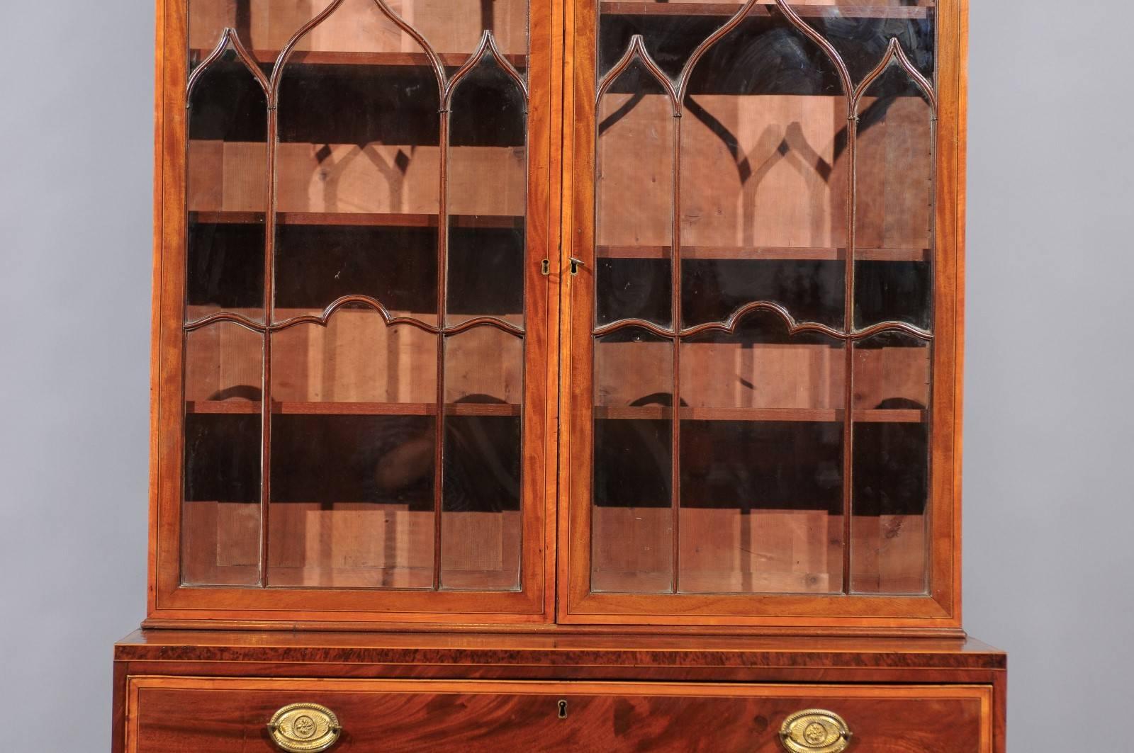 George III Secretary Bookcase in Mahogany & Satinwood with Swan Neck Pediment In Good Condition In Atlanta, GA