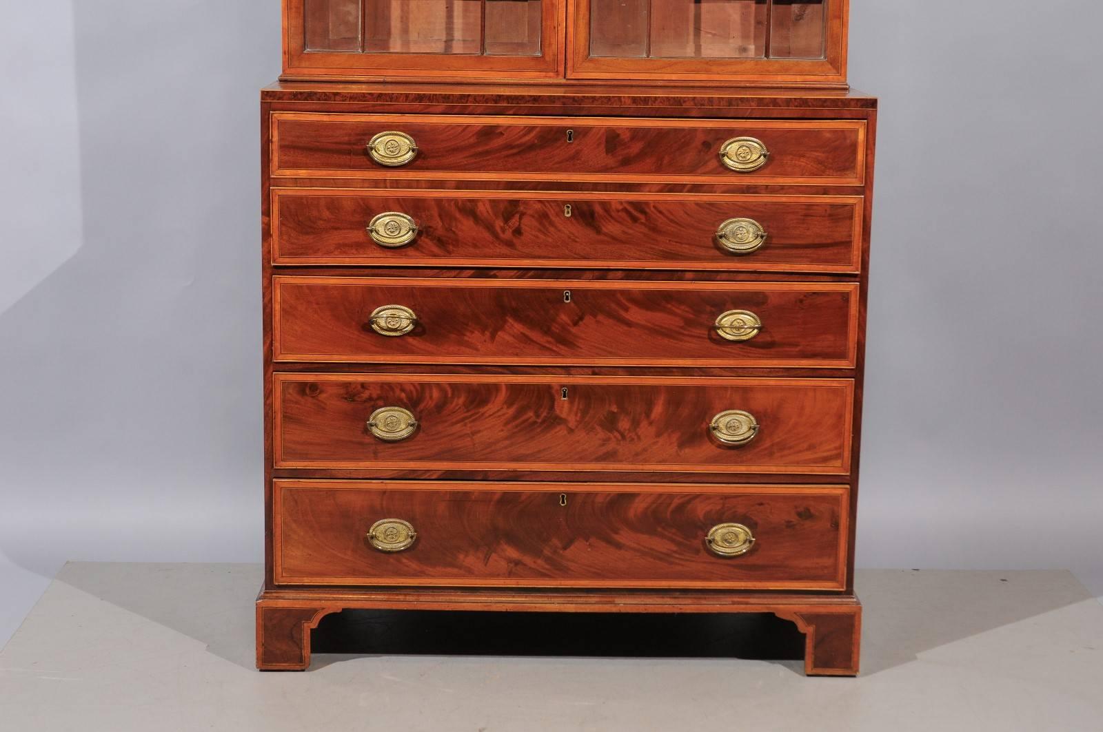 19th Century George III Secretary Bookcase in Mahogany & Satinwood with Swan Neck Pediment