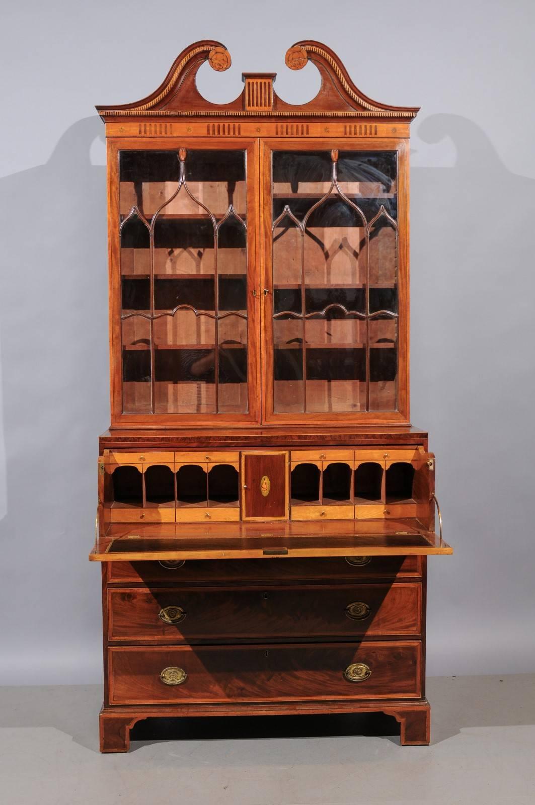 Glass George III Secretary Bookcase in Mahogany & Satinwood with Swan Neck Pediment