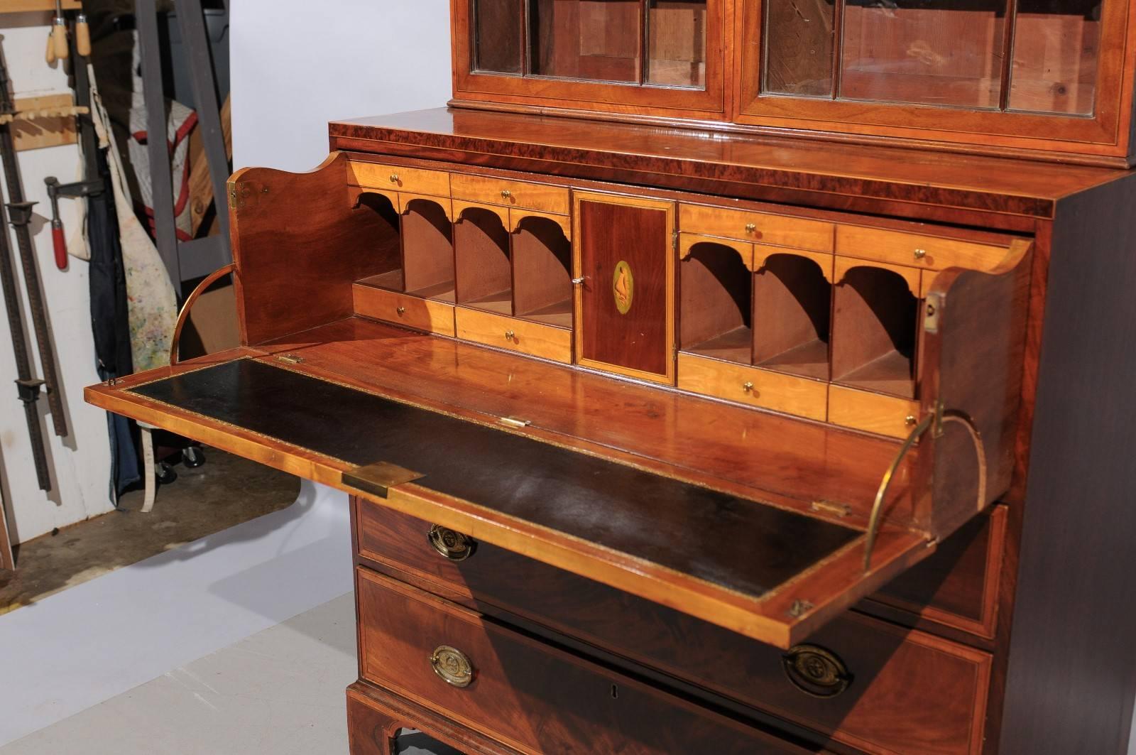 George III Secretary Bookcase in Mahogany & Satinwood with Swan Neck Pediment 1