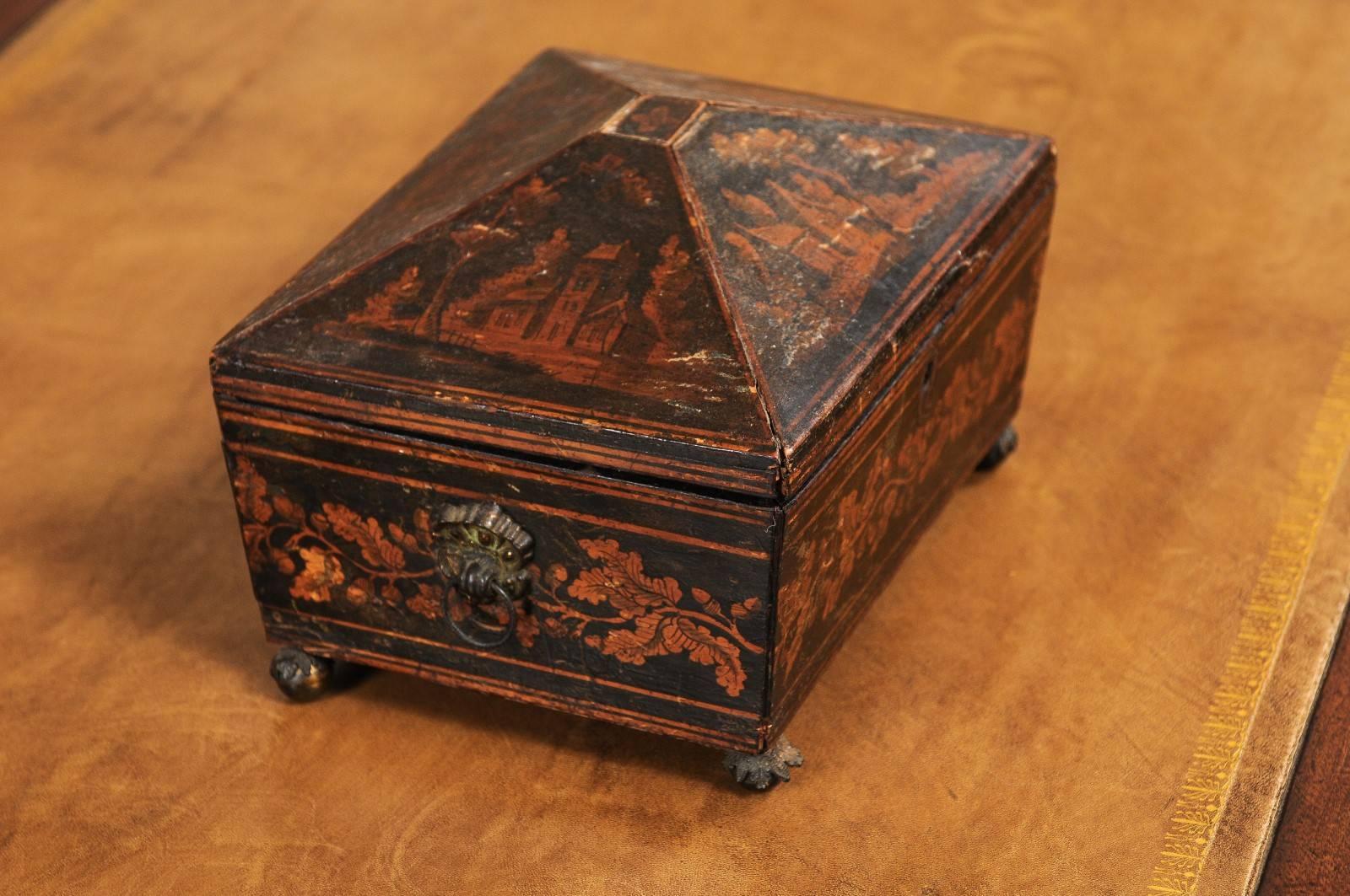 19th Century English Regency Penwork Box with Foliate Decoration and Acorn Feet In Good Condition In Atlanta, GA