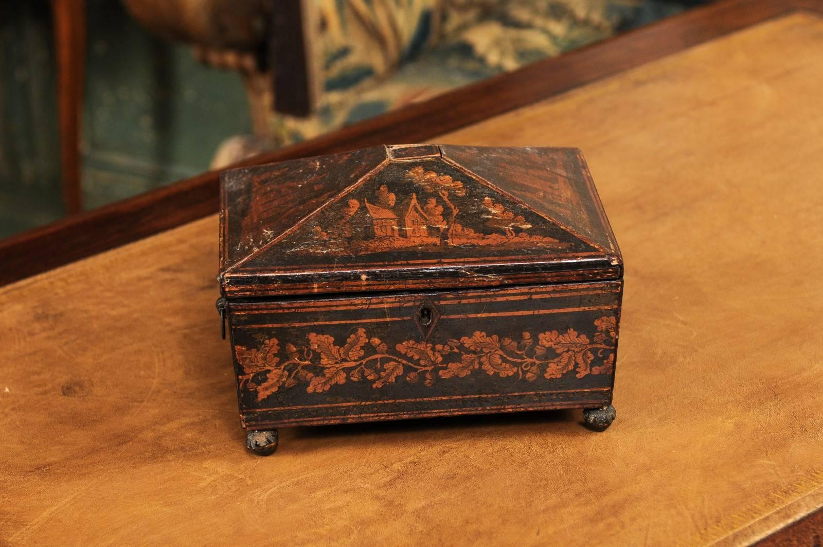 Wood 19th Century English Regency Penwork Box with Foliate Decoration and Acorn Feet