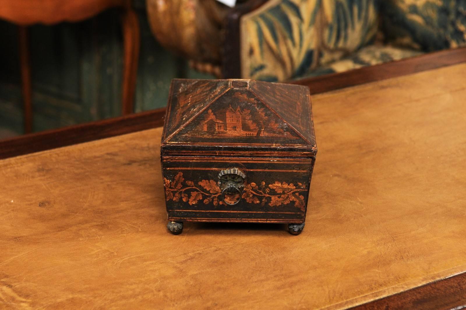 19th Century English Regency Penwork Box with Foliate Decoration and Acorn Feet 1