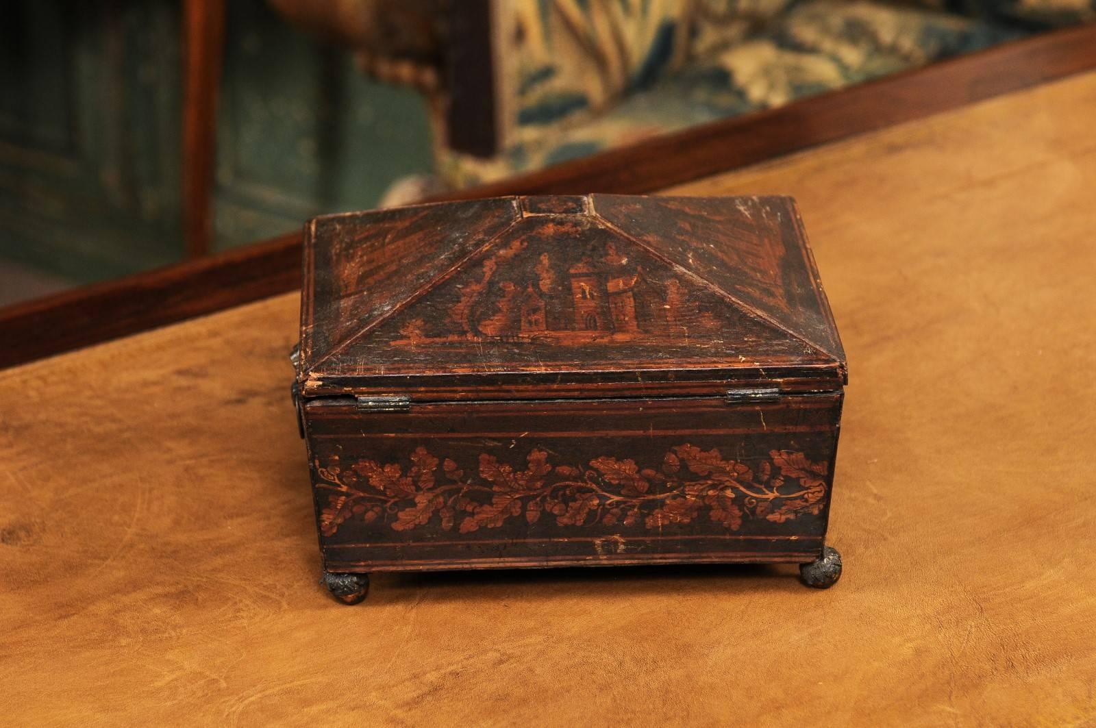 19th Century English Regency Penwork Box with Foliate Decoration and Acorn Feet 2