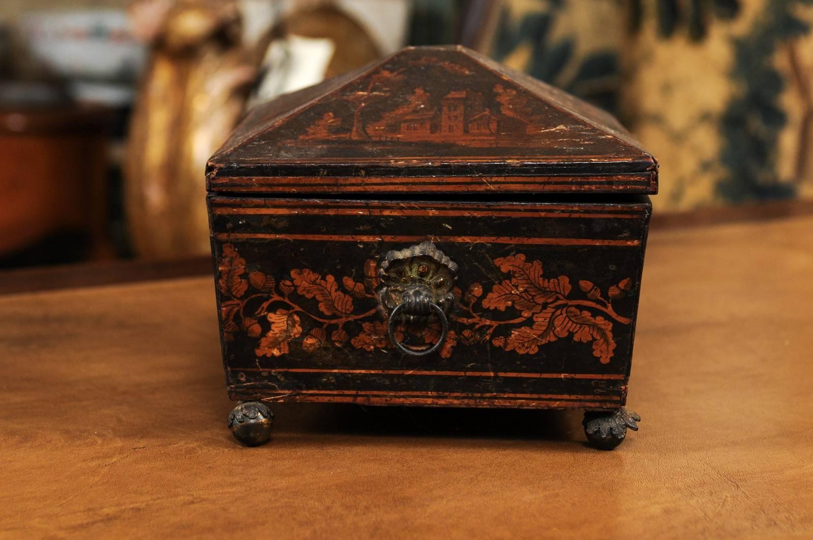 19th Century English Regency Penwork Box with Foliate Decoration and Acorn Feet 3