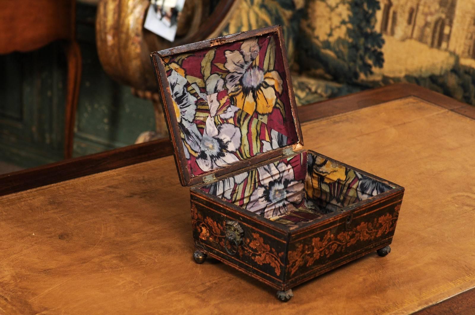 19th Century English Regency Penwork Box with Foliate Decoration and Acorn Feet 4