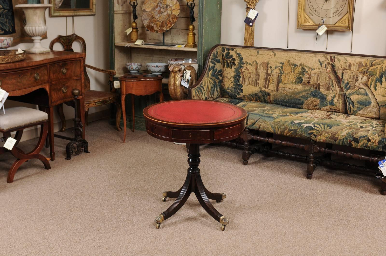 Embossed Early 19th Century English Regency Revolving Drum Table with Red Leather Top