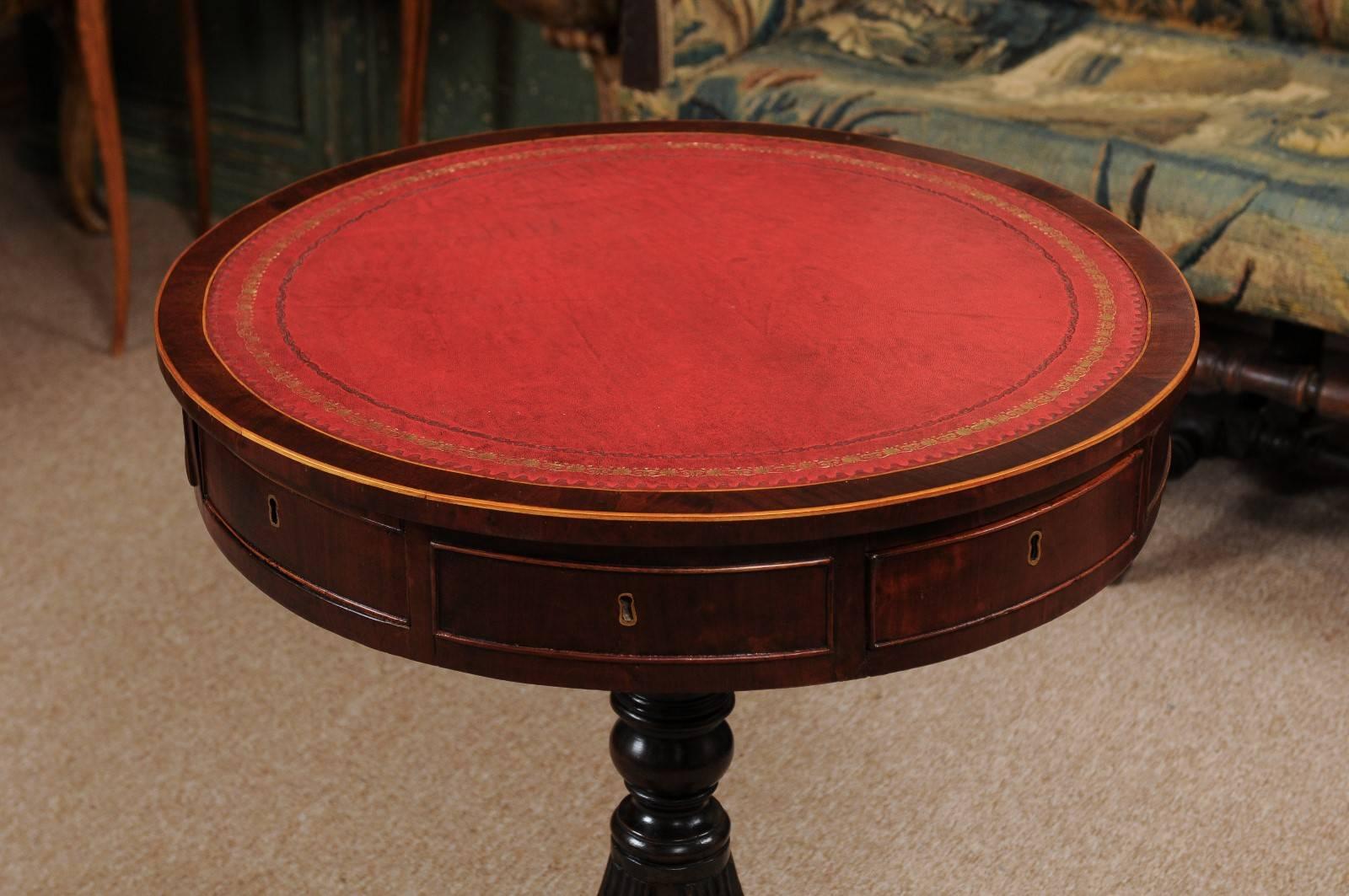 Brass Early 19th Century English Regency Revolving Drum Table with Red Leather Top